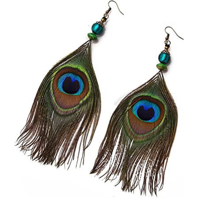 Granjero Gordo Pendientes colgantes de plumas nativas vintage de lujo hechos a mano para mujer, pendientes largos de gancho estilo bohemio con diseño de pavo real