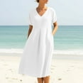 thumbnail image 2 of VEKDONE Short Sleeve V Neck Beach Dresses Solid Color Pleated Flowing Sundress Casual Loose Fit Over Knee Maxi Dress with Pockets White XXL, 2 of 9