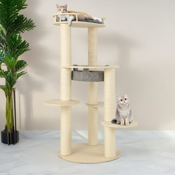 Demi Bonn 59" Modern Cat Tree Tower for Indoor Cats, 5-level Large Wood Cat Condo with Scratching Post and Removable Pads for Small Large Cats, Beige