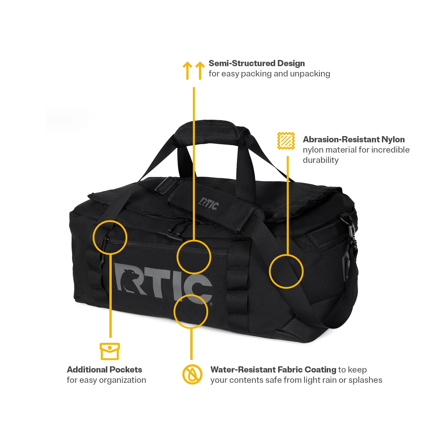 RTIC Road Trip Duffle Bag, Medium, Water Resistant, Durable Fabric, Black