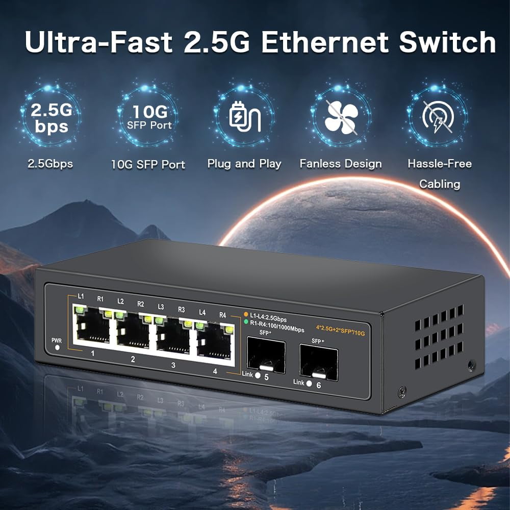 Davuaz 2.5G Unmanaged Ethernet Switch with 4 x 2.5G Base-T Ports and 2 x 10G SFP Uplink Port, Compatible with 100/1000/2500Mbps, Fanlesss Design, Plug & Play, Metal 2.5Gb Network Switch
