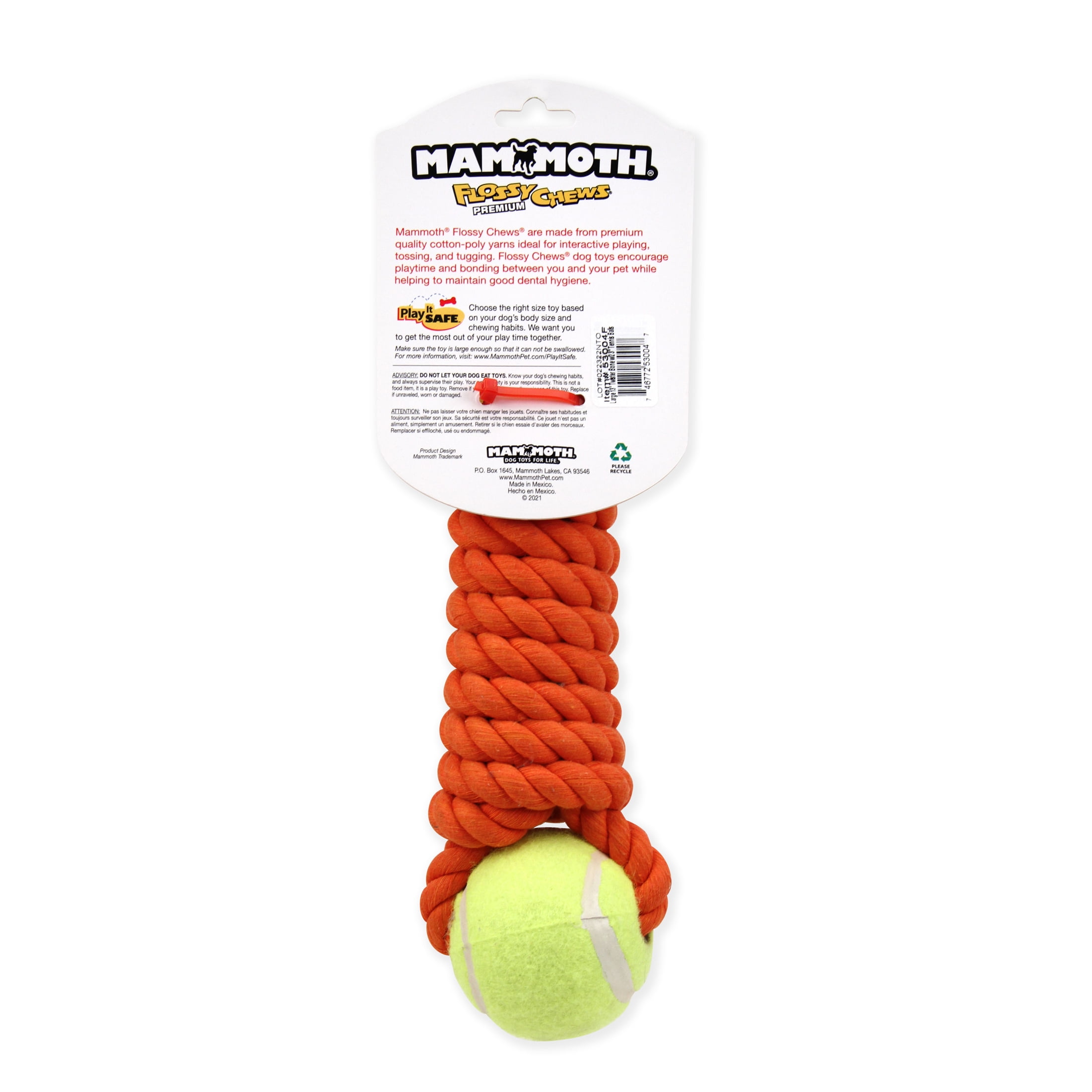 Mammoth Flossy Chews Cottonblend Twister Bone with 2 3" Tennis Balls Rope Dog Toy, Large, 12", Asst Colors