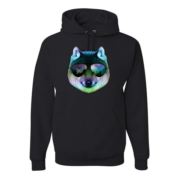 Wild Bobby, Funny Wolf on Sunglasses, Animal Lover, Unisex Graphic Hoodie Sweatshirt, Black, Small