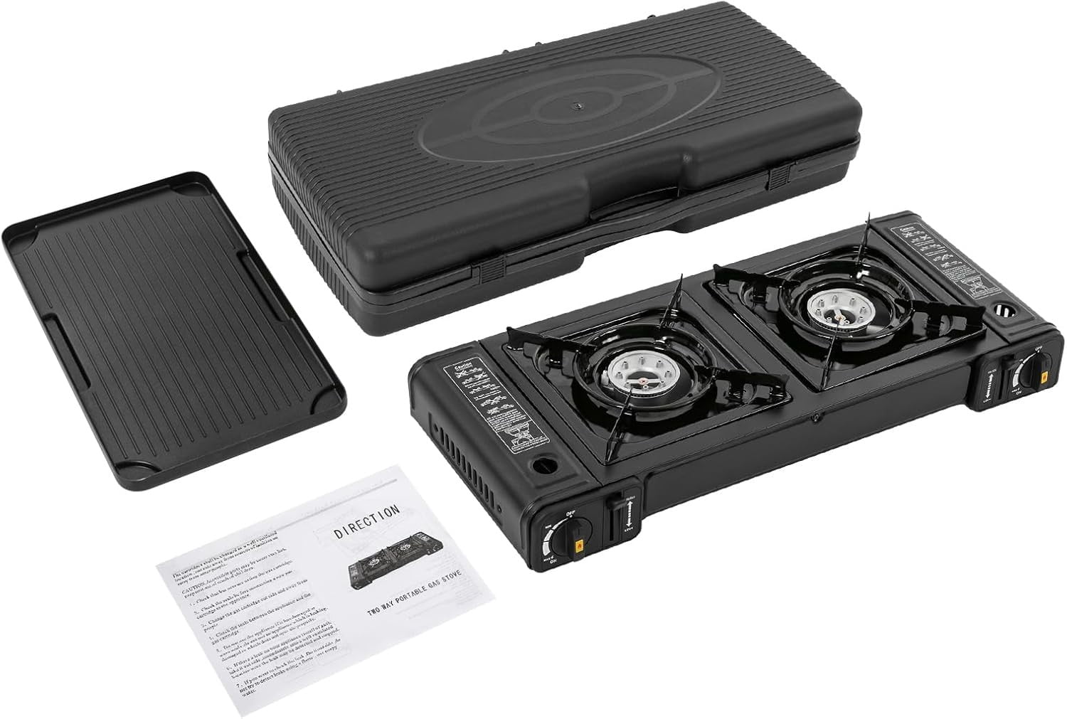 Portable Butane Camping Stove 2 Burners Gas Stove with Grill Tray and Storage Case Double Auto Ignition Cooktop Camping Burner for Home, Camping, Outdoor, Rv