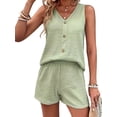 thumbnail image 3 of Women'S Summer Sleeveless Button Linen Vest Shorts Set Casual Matching Outfits Light Green S, 3 of 9