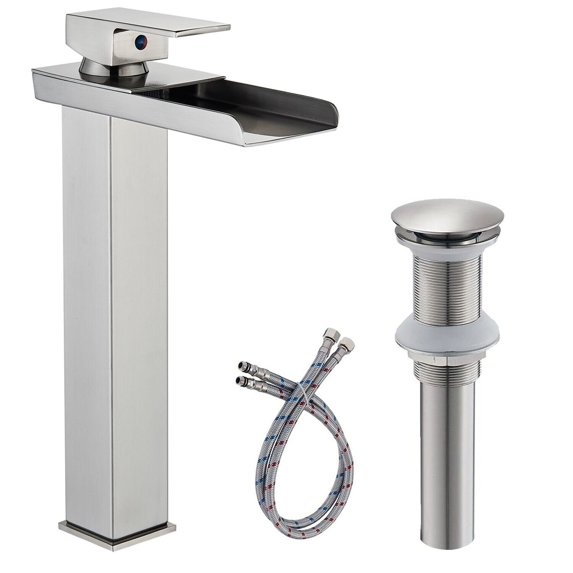 TVTIUO Tall Brushed Nickel Waterfall Bathroom Basin Faucet Waterfall Vessel Sink Mixer