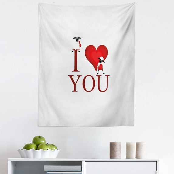 I Love You Tapestry, Comic Style Illustration Large Red Heart Shape with Text and a Pair of Sheep, Fabric Wall Hanging Decor for Bedroom Living Room Dorm, 5 Sizes, Red White, by Ambesonne