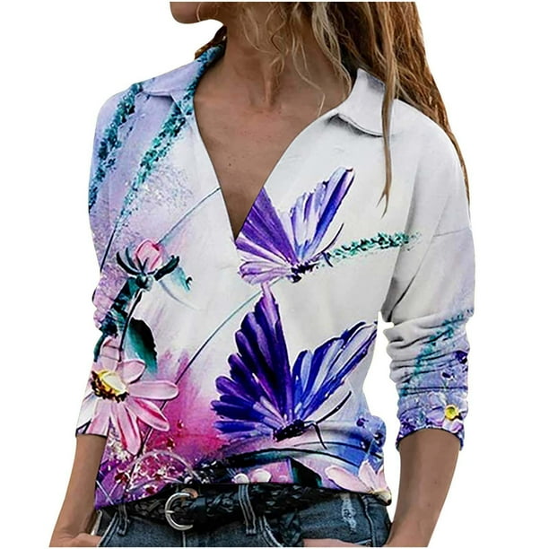Tops de Mujer Elegante Blusa Casual Camisas de Manga Larga Otoño de Moda Cuello en V Estampado Floral Pullover Top Odeerbi ODB170566