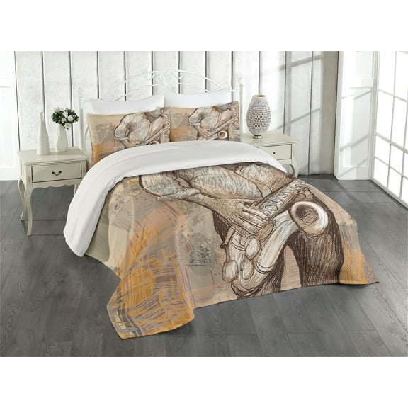 Ambesonne Music Quilted Coverlet 3 Pcs, Jazz Musician on Street, Queen Size, Brown Ecru