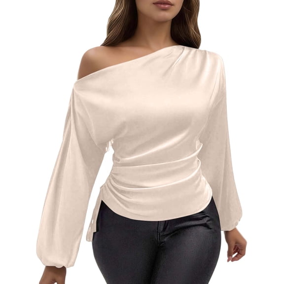 Womens Elegant Solid Color Satin Blouse One Shoulder Asymmetric Draped Neck Long Sleeve Shirt Beige L