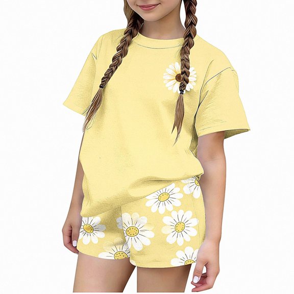 NAISIBABY Girls Outfit Sets 2-Piece, Graphic Short Sleeve T-Shirt and Shorts Summer Clothes Yellow Size 14