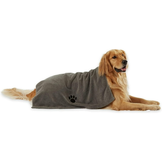 DII Bone Dry Microfiber Dog Bath Towel with Embroidered Paw Print - 44x27.5" - Gray