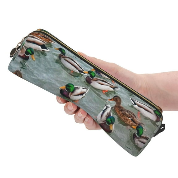 Ratiio Mallard Ducks Swimming Pattern Leather Pencil Case, Pencil Pouch with Durable Zipper, Compact and Stylish Organizer for Stationery, Art Supplies, Travel Essentials