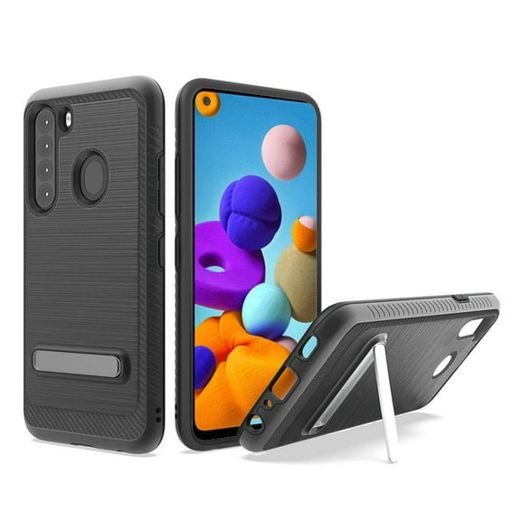 For Samsung Galaxy A21 Slim Brushed Hybrid With Design Edged Lining With Magnetic Kickstand - Black