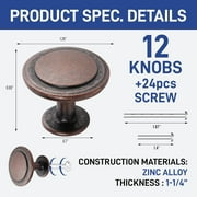 12pcs Oil Rubbed Bronze Cabinet Knobs – 1-1/4” Modern Drawer Pulls, Durable Zinc Alloy Handles with Short & Adjustable Screws for Kitchen, Dresser, Cabinets