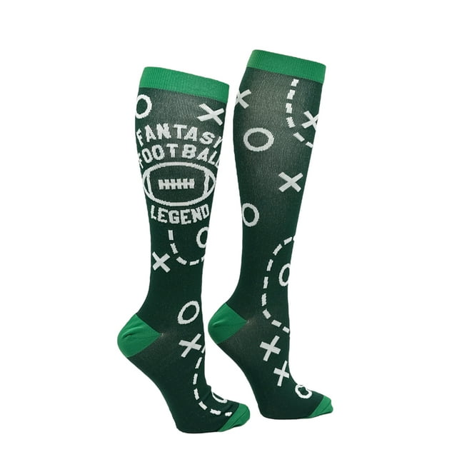 Fantasy Football Legend Funny Compression Socks for Men featuring a green base with white football play designs, including 'Fantasy Football Legend' text and a football graphic. The socks have green cuffs, heels, and toes, offering a playful and sporty look.