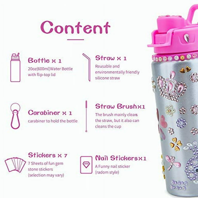  Decorate Your Own Water Bottle for Girls with Lots of Glitter  Gem Stickers - BPA Free, Fun DIY Arts and Crafts Activity ,Surprise Gifts  ,with a reusable Eco-Friendly Straw and Nail