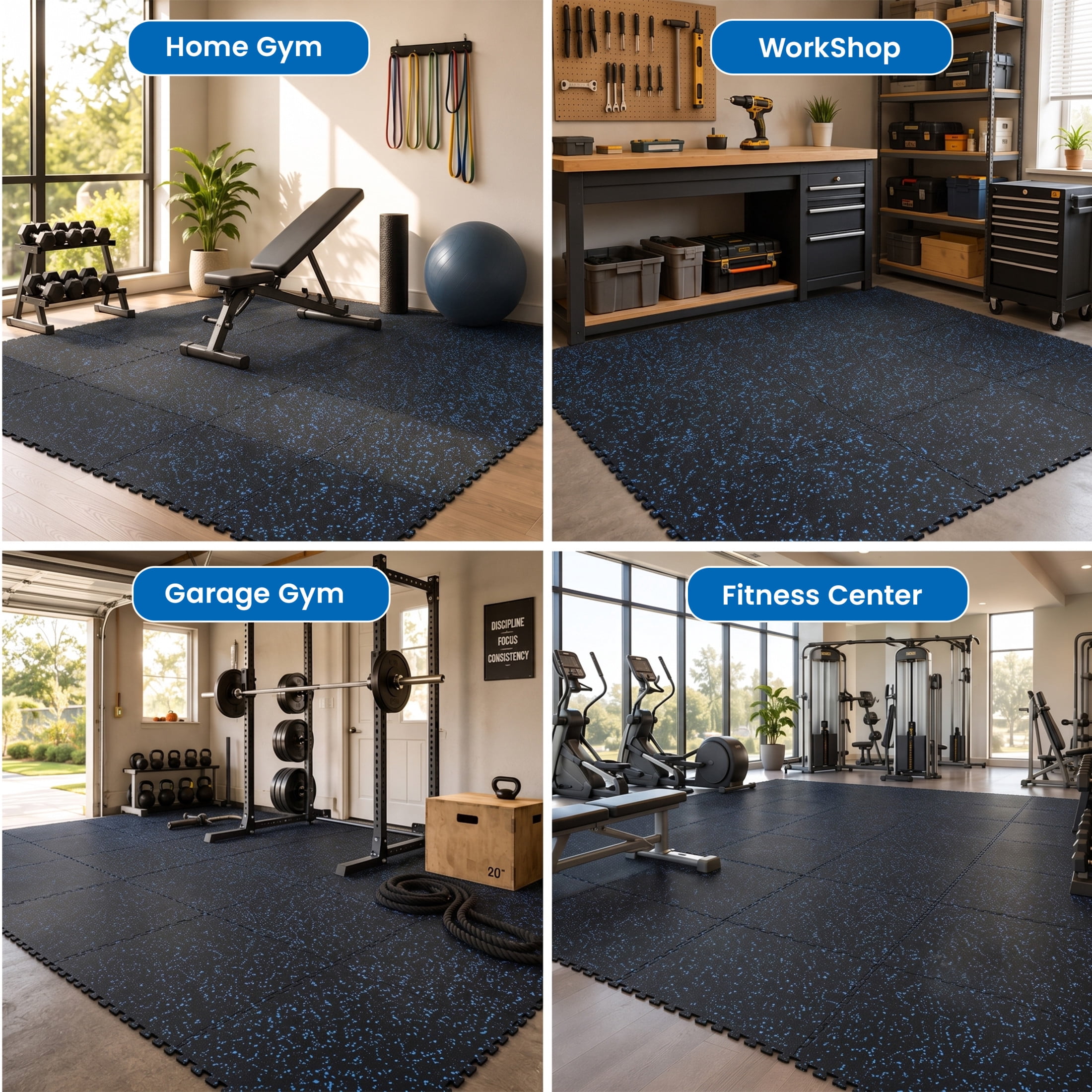 Noble House 0.6" Thick Interlocking Rubber Top & EVA Foam Floor Workout Mats for Gym, Yoga, 6 Tiles, Black & Blue