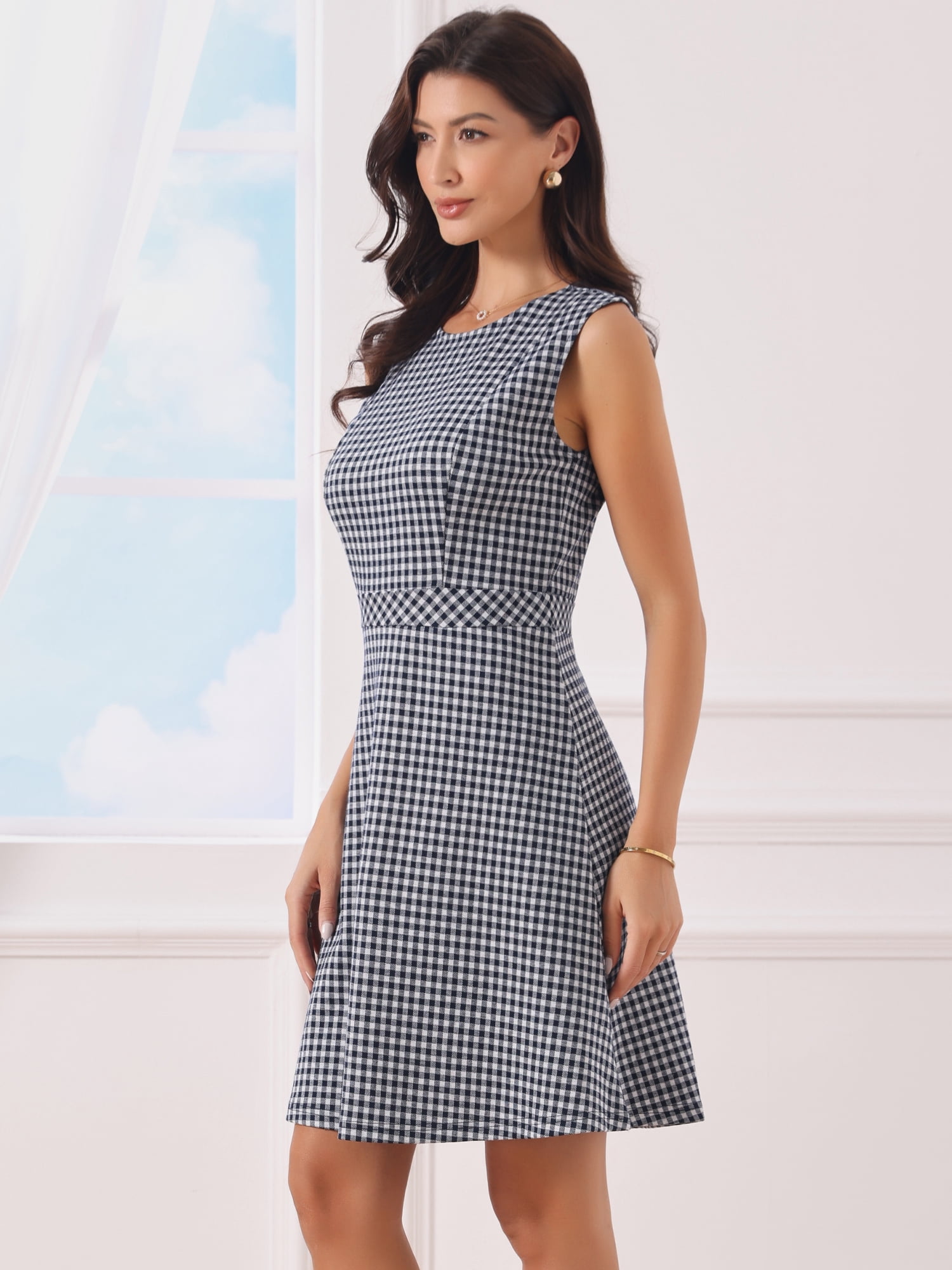 DARING DIVA Women's Plaid Dress Sleeveless A Line Houndstooth Dress XL Dark Royal Blue