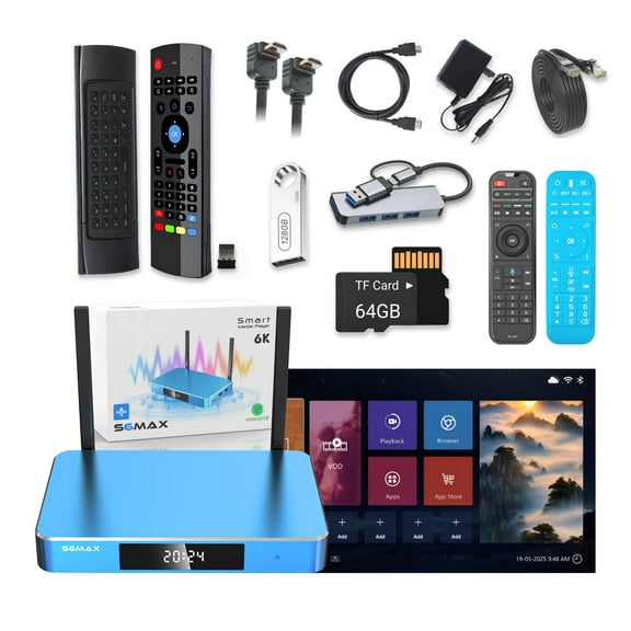 SuperBox S6MAX 2025 Kit: Air remote Angled HDMI 128GB drive Case Ethernet 64GB card Multi-port hub