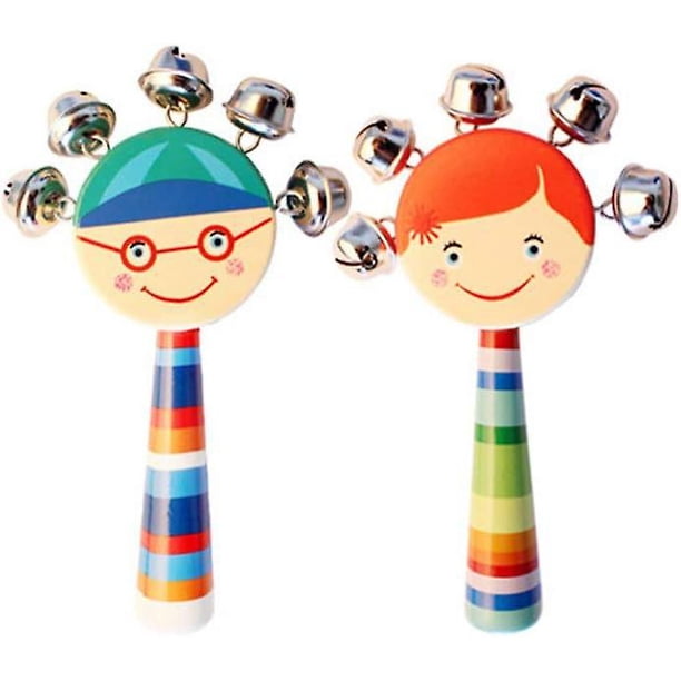 2 uds cascabeles de mano juguetes para bebés y niños mango de arco iris lindo cartón campanas de madera Jingle Stick Shaker sonajero juguetes fiesta de Navidad regalos para niños