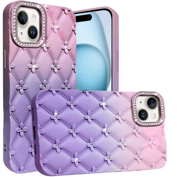 Designed for Apple iPhone 16 Plus (6.7") Fashion Flower Design Sparkle Glitter Shimmer Rhinestone Bling Leather Feel Thick TPU Rubber Hard PC Phone Case Cover - Light Pink /Light Purple