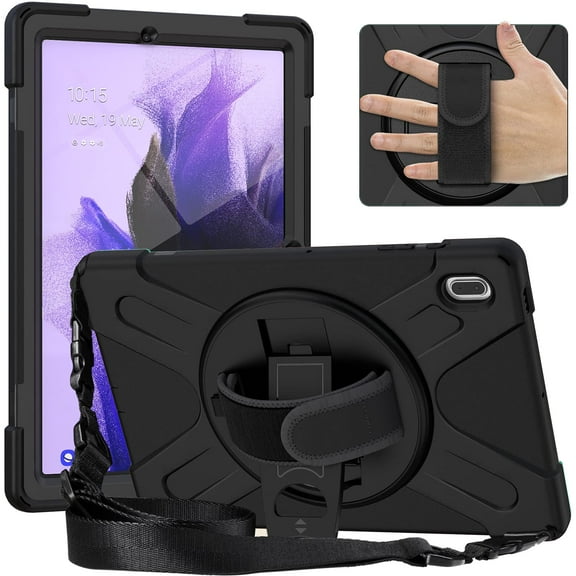 KIQ Galaxy Tab S7 FE Case, Heavy Duty Shield Case Shoulder Strap for Samsung Galaxy Tab S7 FE [2021] T730 [Black]