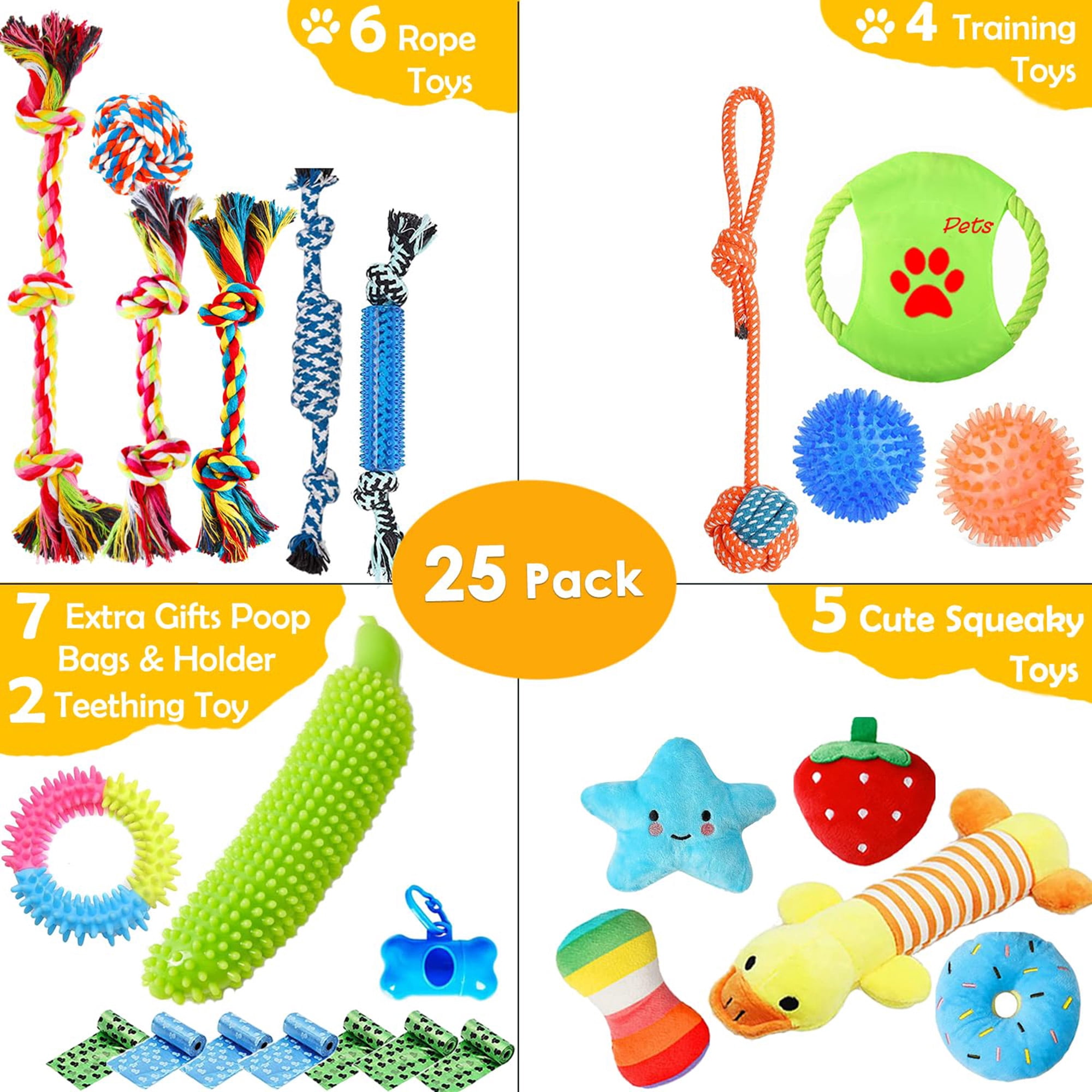 Dog Toys 25 Pack for Puppy and Small Dogs, Squeaky Plush Toys, Chew Toys for Teething, Rope Toys for Tug of War, Interactive Playtime, Multicolor