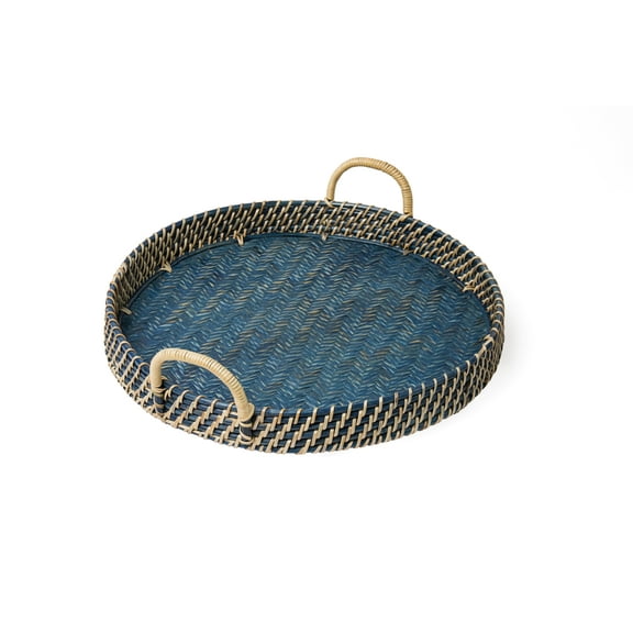 Wicker Village Handmade Natural Bamboo and Cane Tray with Handles, 14" Small Round Blue Basket