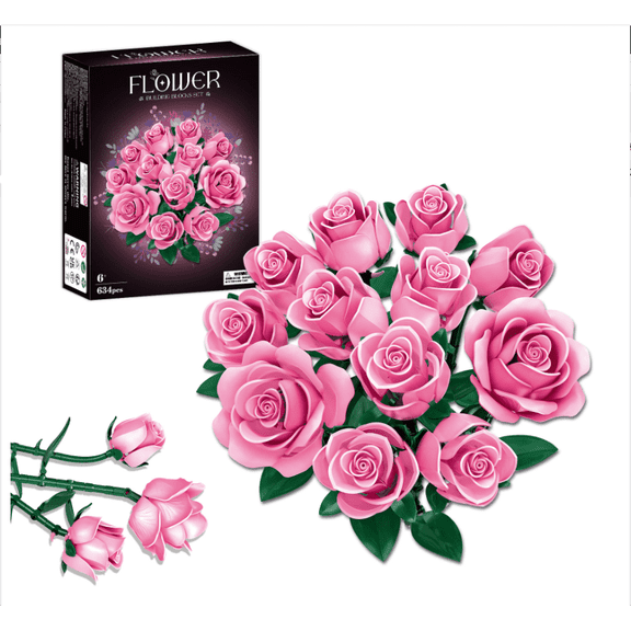 WIDELAND Mother's Day Gift Pink Roses Bouquet Building Set for Adults Women , 12 Pack Artificial Flower Botanical Collection Building Blocks Kit , DIY Rose Flowers for Home Desk Shelf Decor