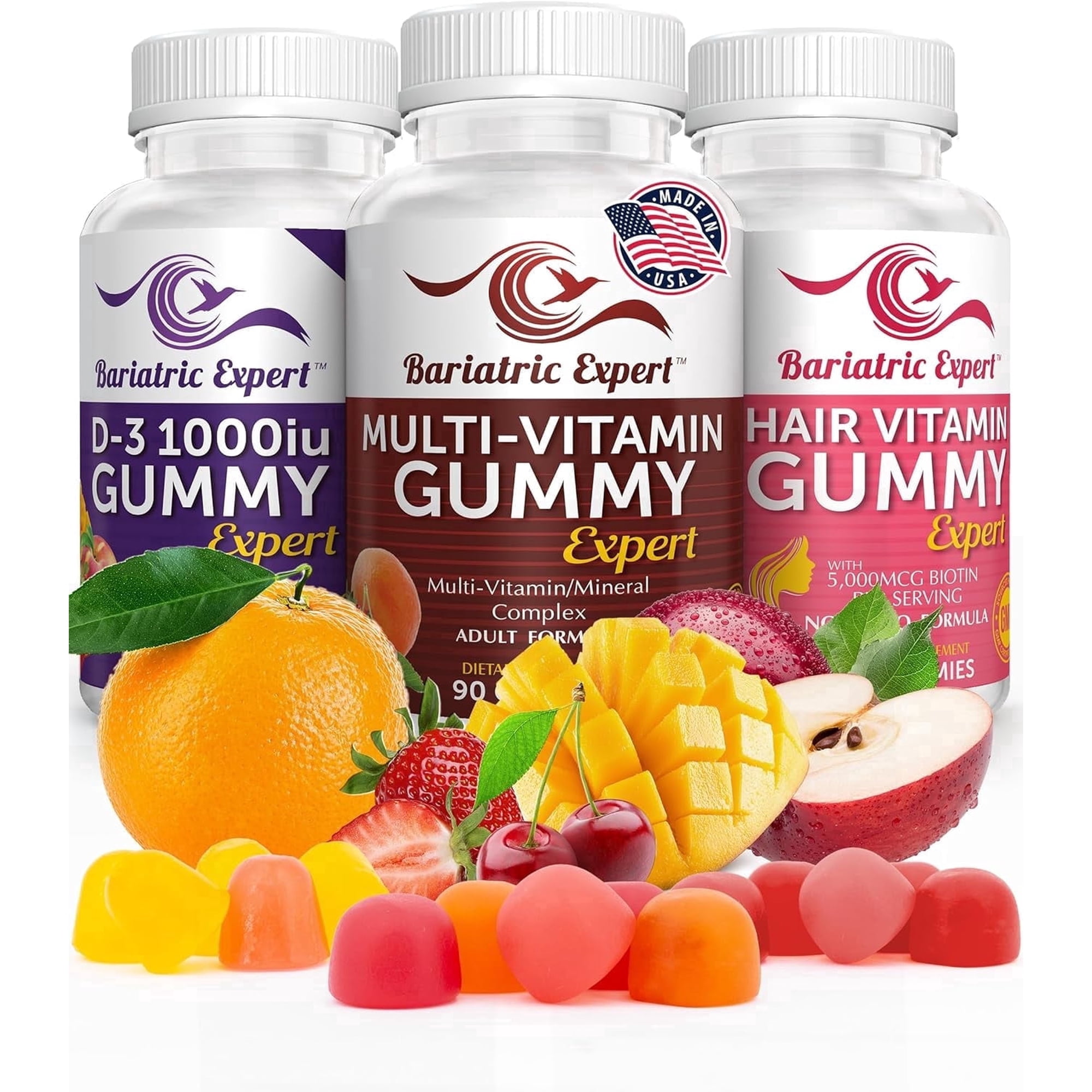 Bariatric Multivitamin 3 Pack Gummies, D3 Gummies 90 Chews, Hair Vitamin Gummies 60 Chews Bundle for Adults