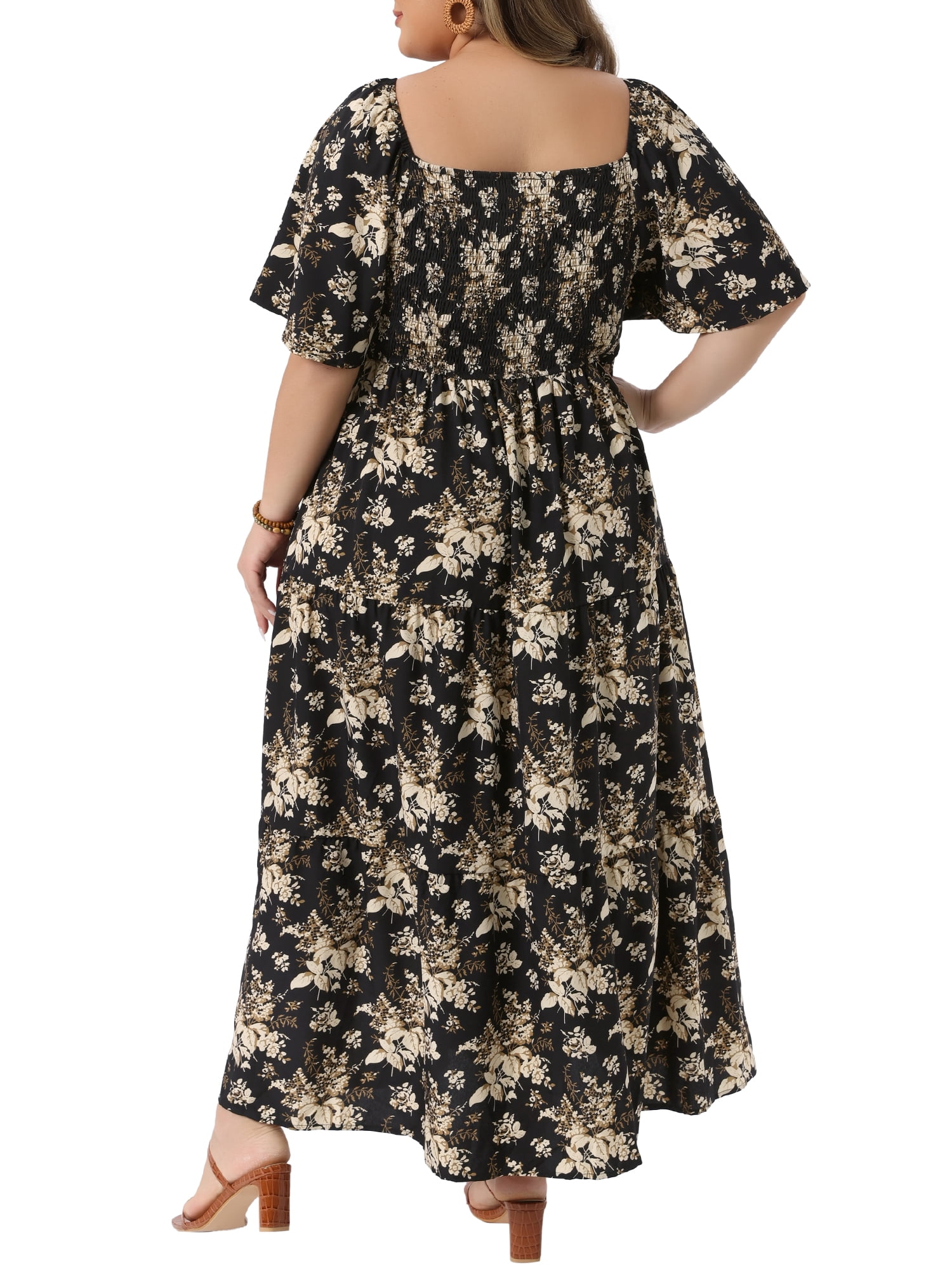 DARING DIVA Women's Plus Square Neck Floral Dresses Maxi Dress 1X Black