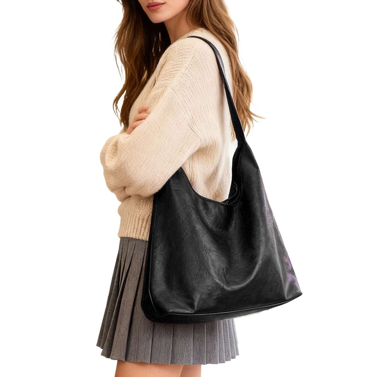 Spencer Retro PU Bags for Women Tote Bag with Purse Slouchy Bag Hobo Handbag Crescent Satchels Shoulder Bag, 2pcs Bag Set, Black