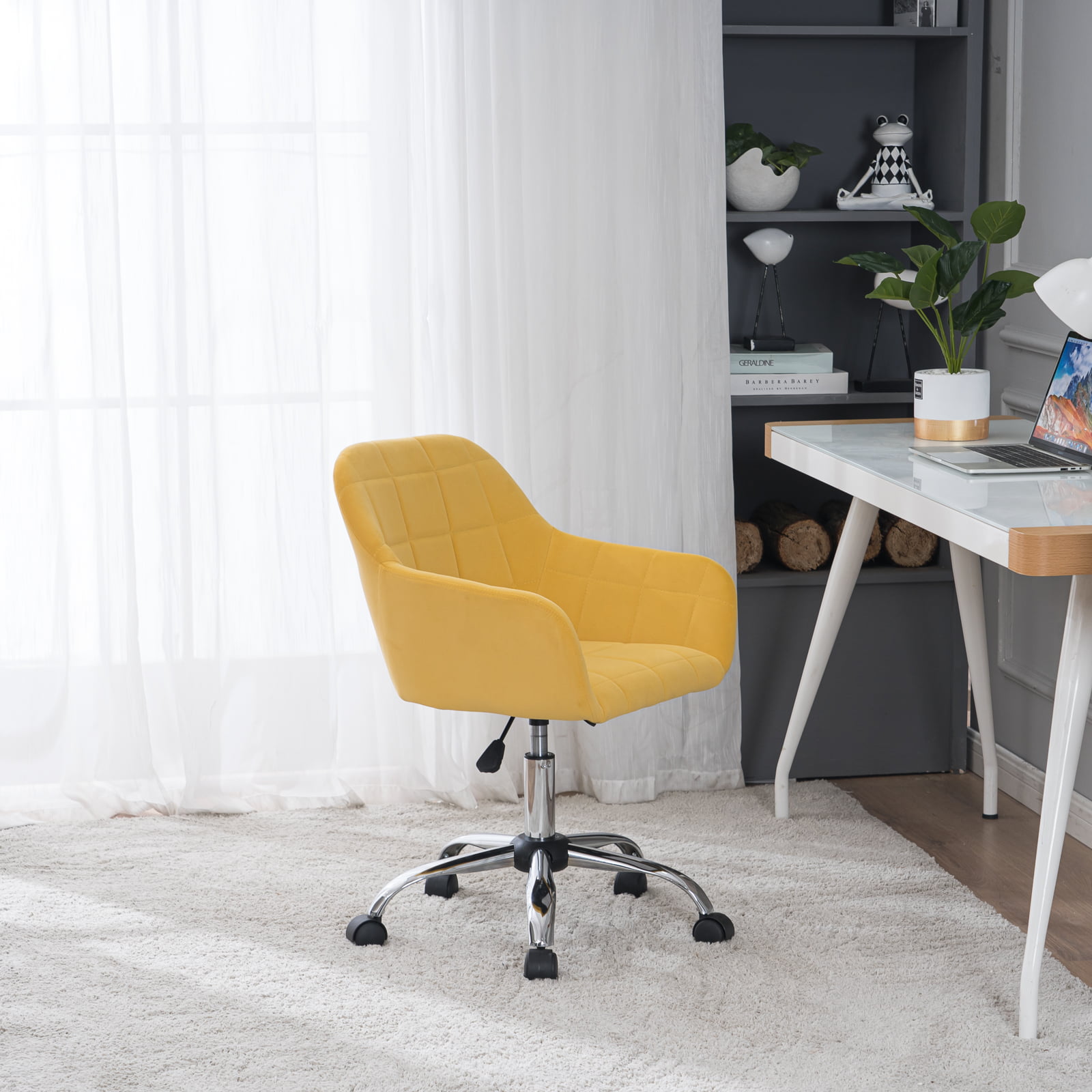 Yellow Office Chair Swivel Velvet Computer Desk Padded Seat Armchair Adjustable 