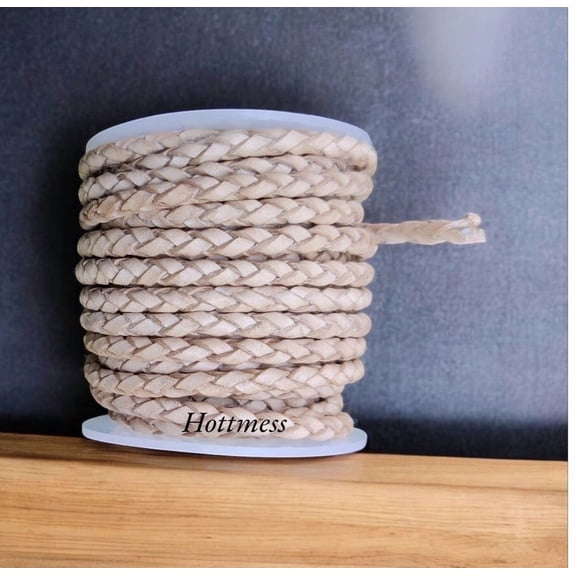Hottmess Braided Natural Leather Cord, 4 mm, 5 Yards