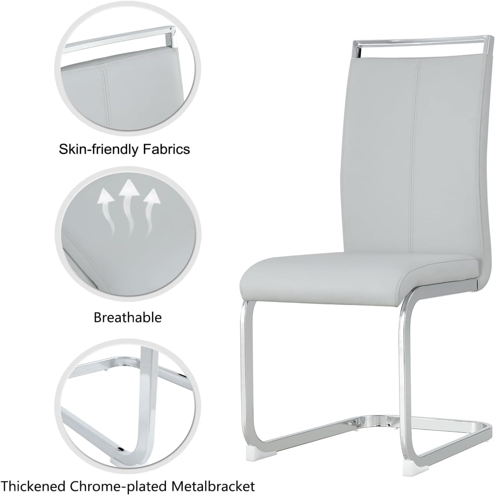 SUDICA Dining Chairs Set of 2, Light Gray PU Leather Upholstered Kitchen Chairs with Chrome Legs