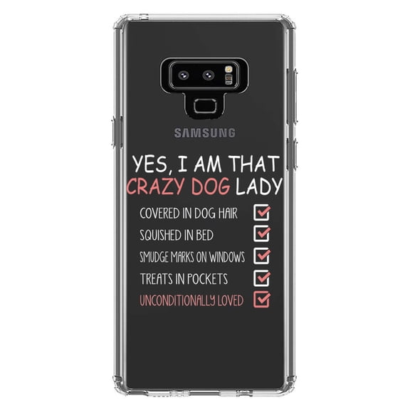 DistinctInk Clear Shockproof Hybrid Case for Samsung Galaxy Note 9 - TPU Bumper Acrylic Back Tempered Glass Screen Protector - Yes, I Am That Crazy Dog Lady