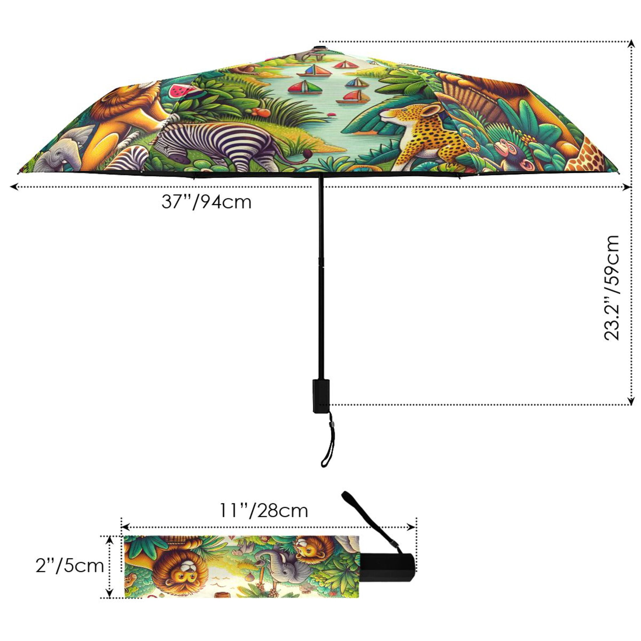Jungle Animals and Hot Air Balloon Compact Sun Umbrella Windproof Travel Umbrellas for Rain Strong Portable UV Protection