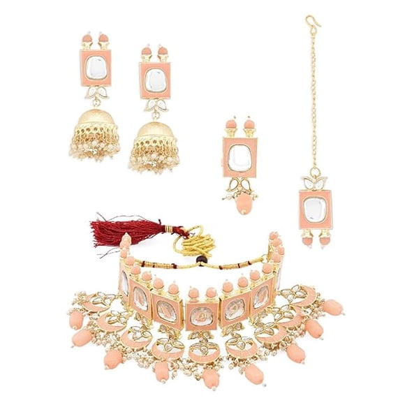 Peach Meenakari Kundan Choker Necklace Set With Earring, Maang Tikka & Ring Set For Women | Beautifully Crafted & Bedazzled - Ethnic Indian Culture Style Choker Wedding Jewellery Set