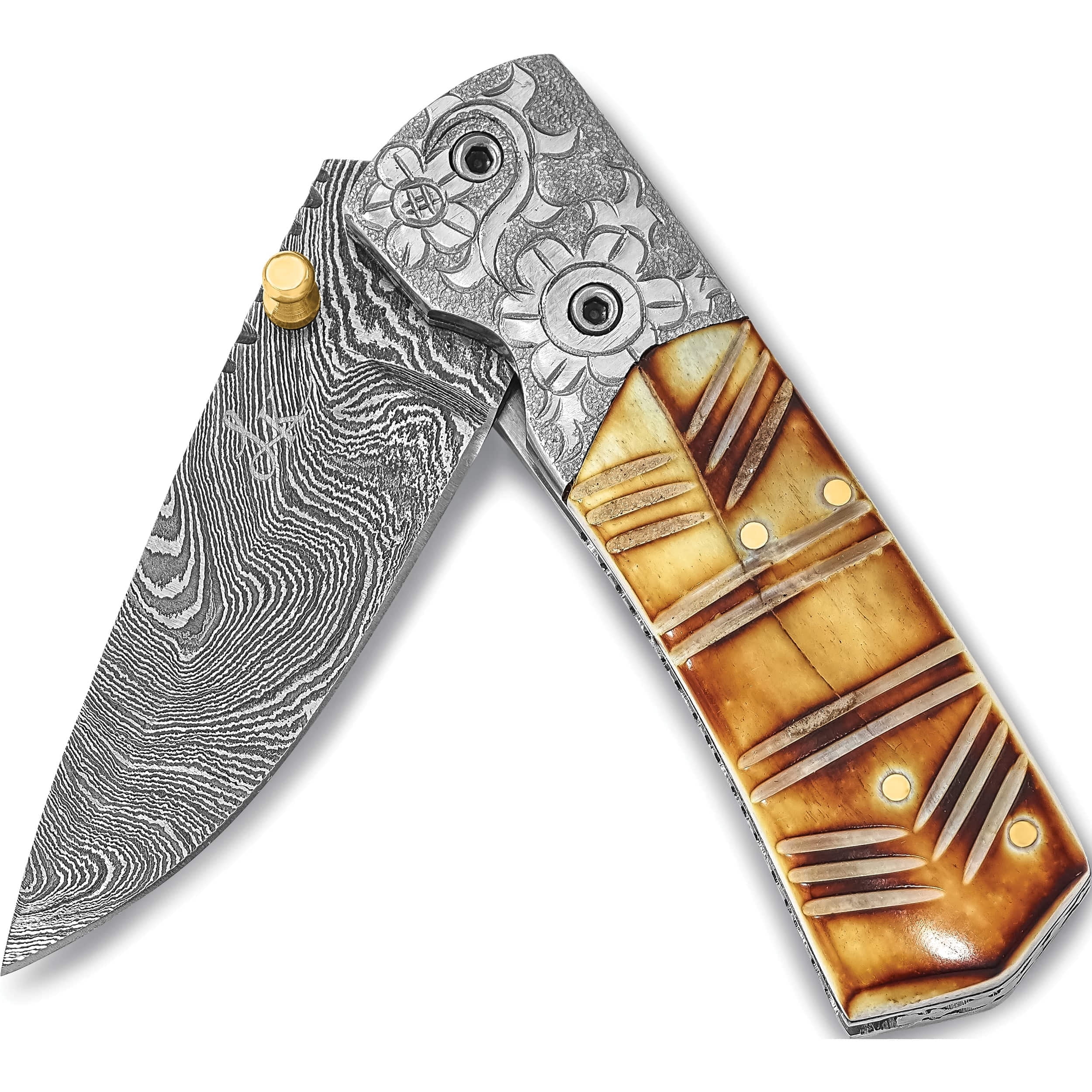 Fashion Damascus Steel 256 Layer Folding Dyed/Carved Camel Bone Knife (6.3 X 1) Made In Pakistan kn3221
