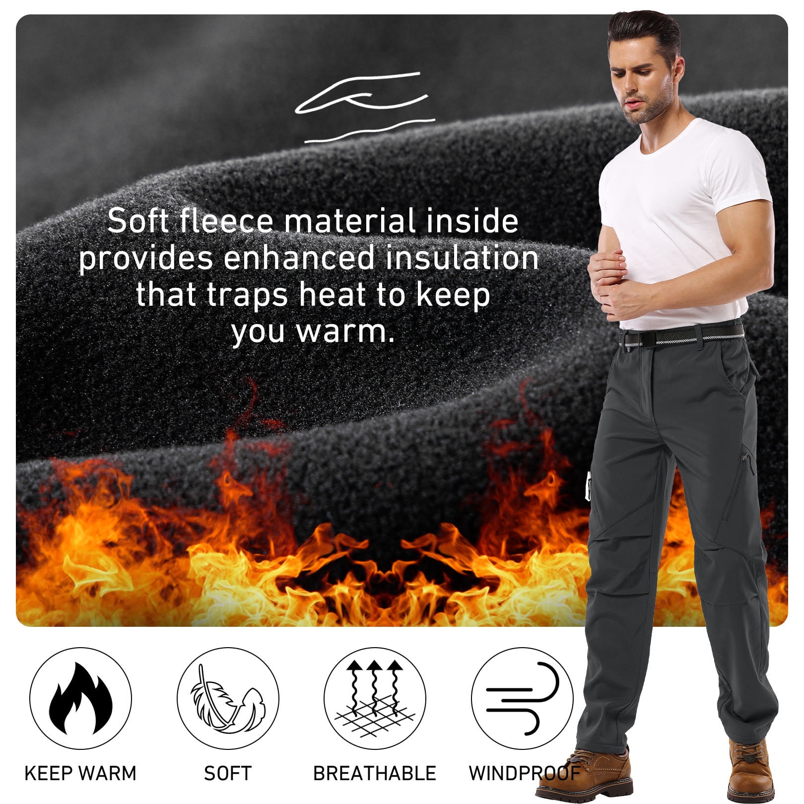 FEN AI Snow Ski Pants Men Waterproof Softshell Pant Snowboard Trousers Fleece Lined Outdoor Hiking Cargo Pants with 6 Pockets