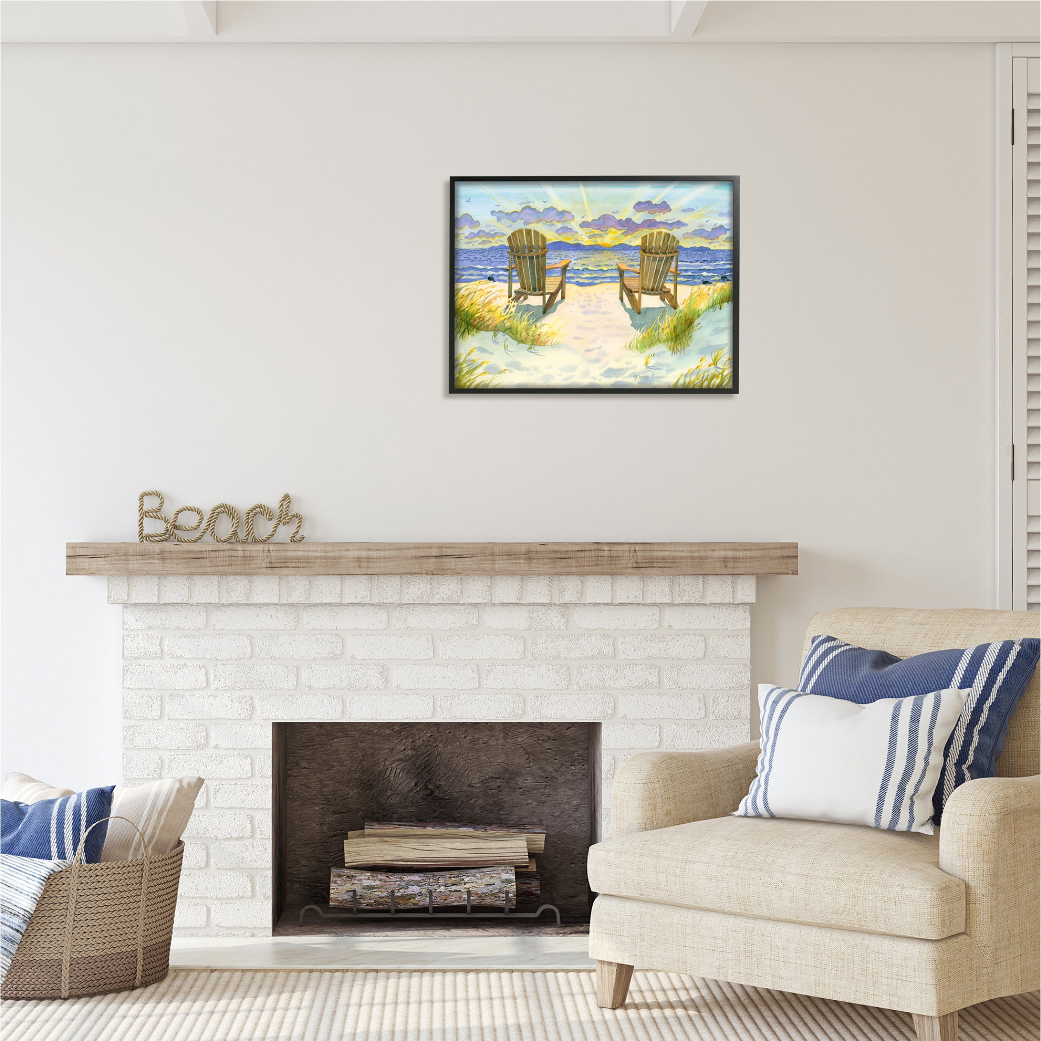 Stupell Industries Nautical Beach Chairs View Nature Painting Black Framed Art Print Wall Art, 30 x 24