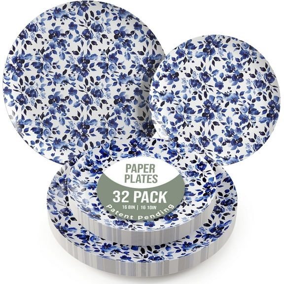 Heavy Duty Paper Plates Set For 16 Guests - 16 Each Of 8-inch And 10-inch Disposable Plates For Party - Fancy 32 Piece Dinnerware Set For All Occasions | Floral Design, Bluebelle
