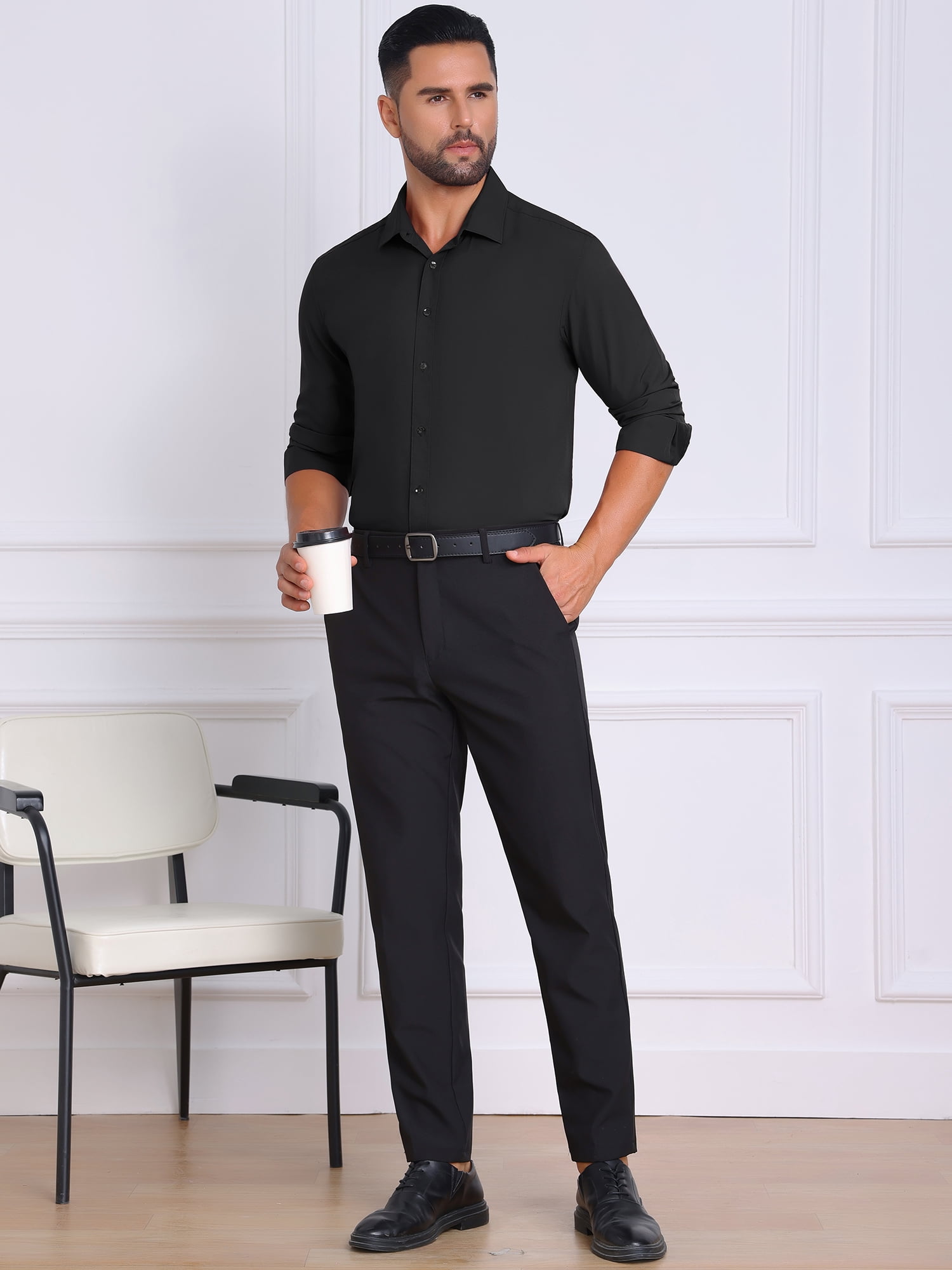 DARING DIVA Men's Solid Color Button Down Long Sleeves Stretch Shirts L Black