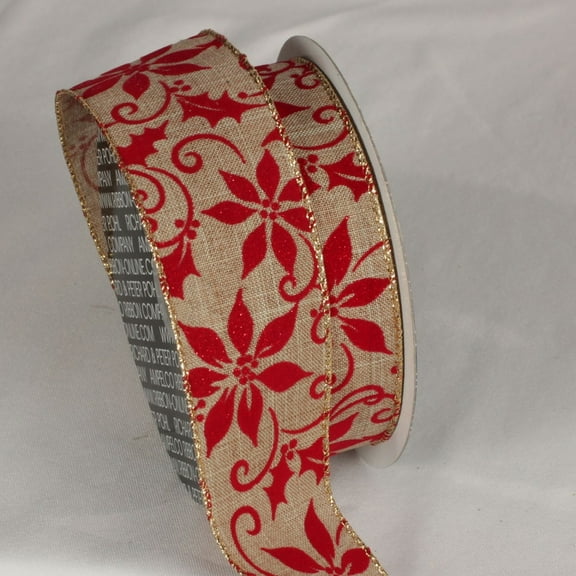The Ribbon People Tan Brown and Red Poinsettia Print Wired Craft Ribbon 2" x 20 Yards
