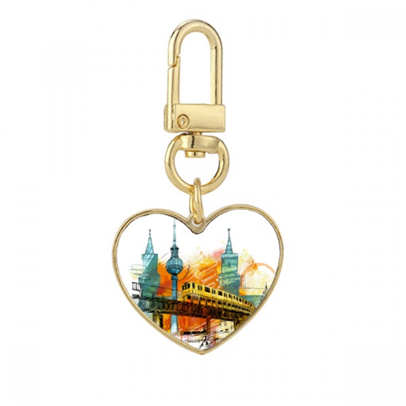Tokyo Japan Rail Train Tower Gold Heart Keychain Metal Keyring Holder