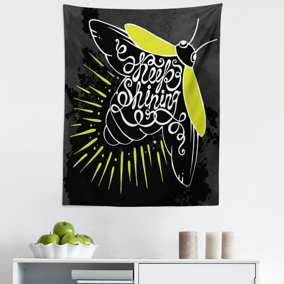 Firefly Tapestry, Beetle with Keep Calligraphy on the Wings Motivation Art, Fabric Wall Hanging Decor for Bedroom Living Room Dorm, 5 Sizes, Blue Grey Yellow Green, by Ambesonne
