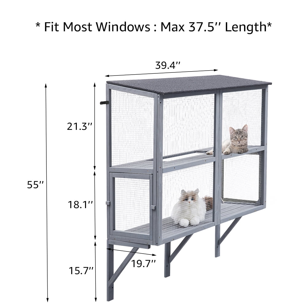 Unipaws 2-Tier Grey Window Box Catio, Wooden Outdoor Enclosure for Indoor Cats, Expandable Weatherproof Perch House