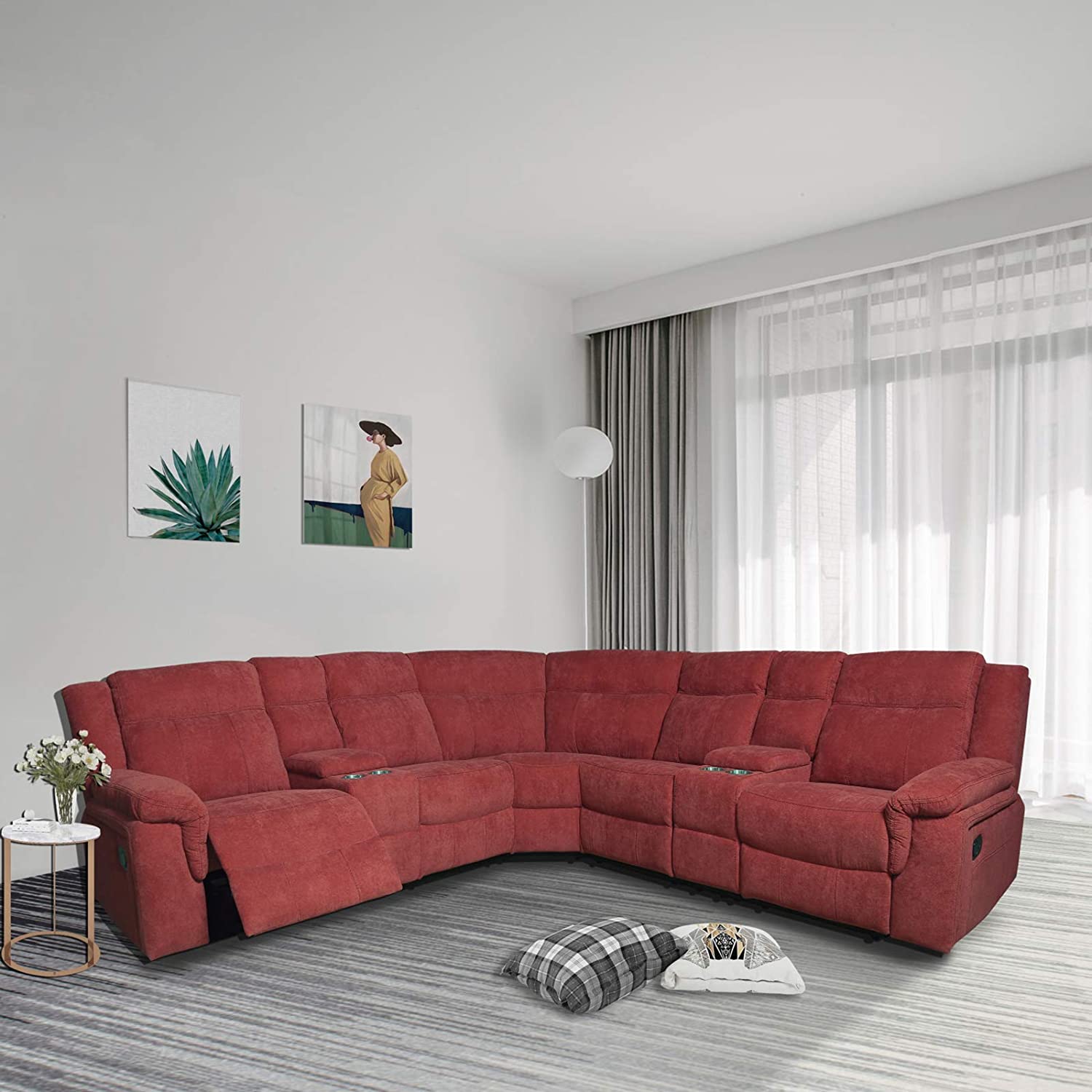 Reclining Sectional Sofa Power Motion Sofa Living Room Sofa Corner with Cup Holder Red Fabric