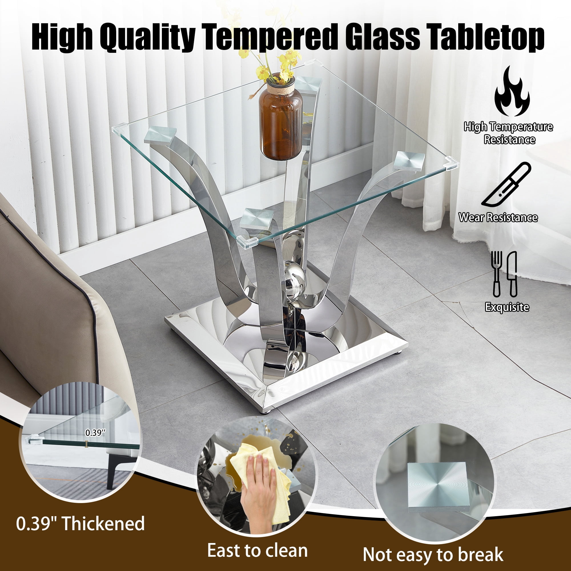23.62" Square Glass End Table with Tempered Glass Top and Modern U-Shaped Stainless Steel Base, Perfect for Living Room and Bedroom